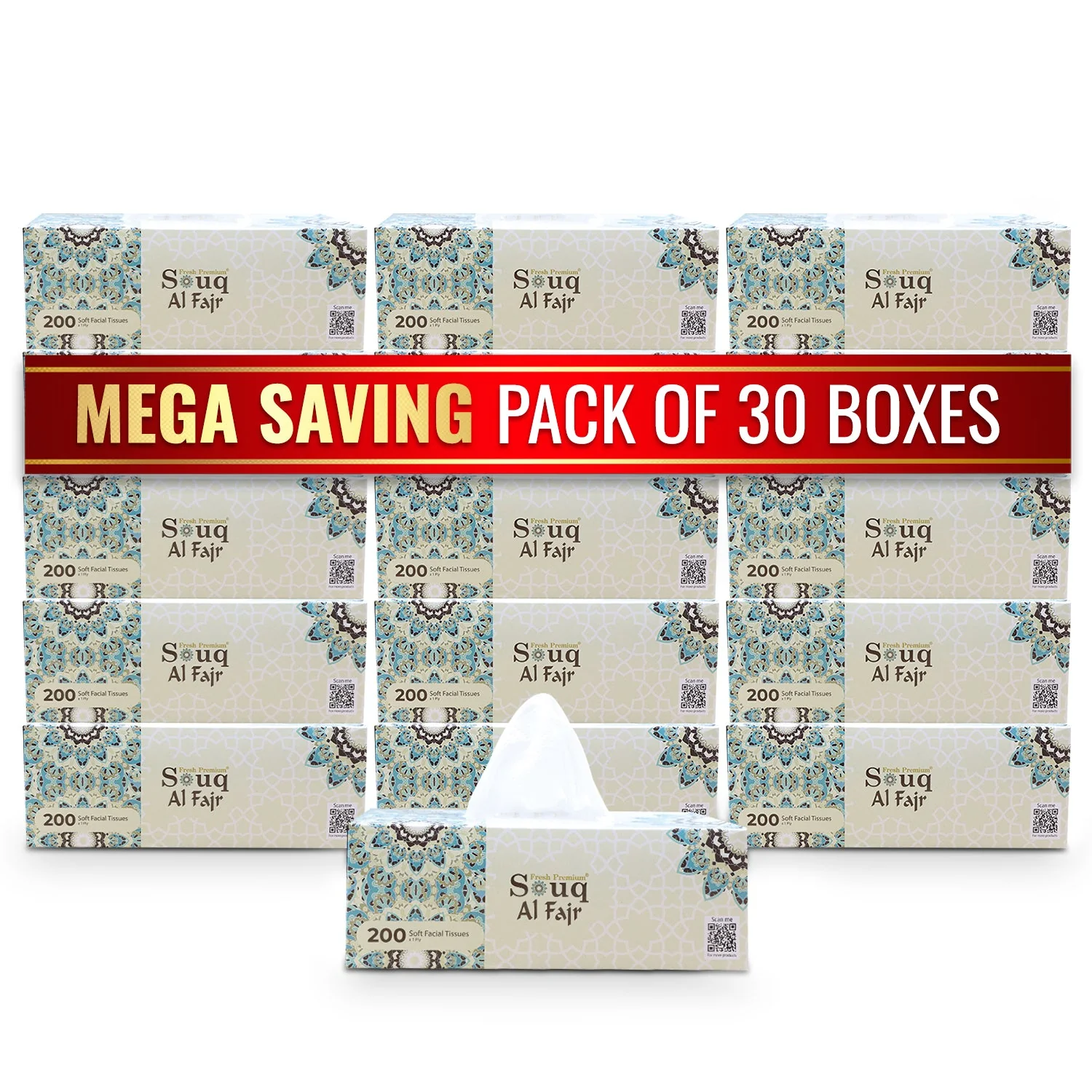 SouqAlFajrFacialTissueListing_1 SOUQ AL FAJR Facial Tissue – 200 Sheets | Pack of 30 Boxes (5 Boxes x 6 Pkts) - Image 1